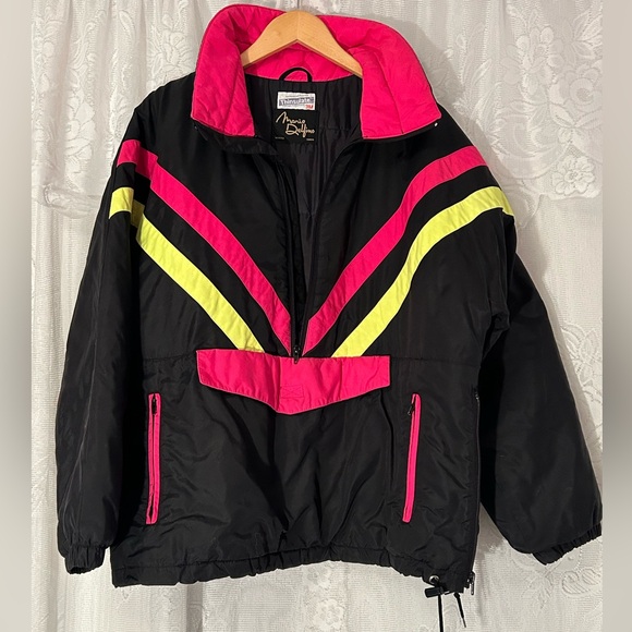 Vintage 1990s Neon Ski Jacket Thinsulate Pullover Black Pink Lime Retro - Picture 2 of 7